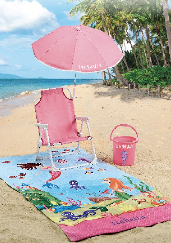 Kids' Personalized Mermaid Towel, Kid-size All-season Personalized Umbrella Chair and Kids' Personalized Fun-in-the-Sun Sand Bucket at Lillian Vernon